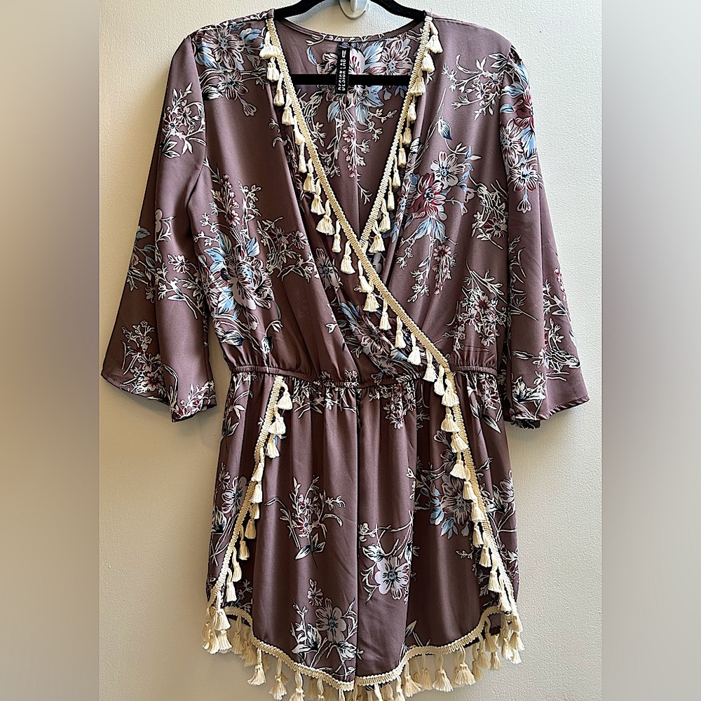 Design Lab Floral Romper Tassel Wrap Bell Sleeves